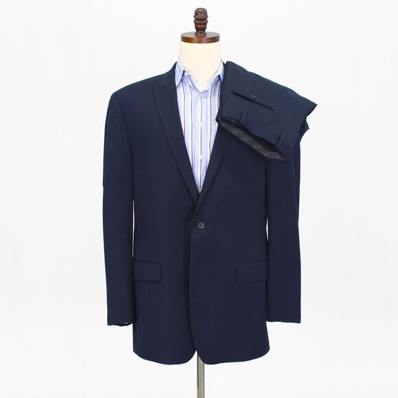 Calvin Klein 44L 38x32 Navy Full Suit 2-Button Stripe R544